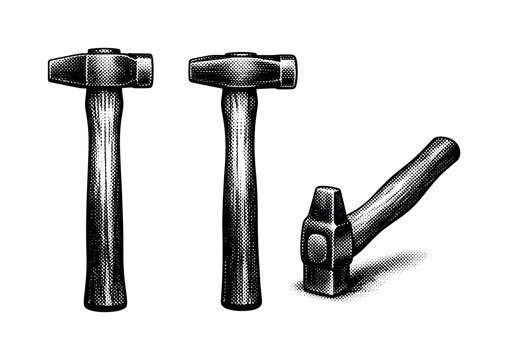 Forging tools cross-peen hammer shown as the same forged hammer in front view, side view, and angled resting position, isolated with realistic proportions and