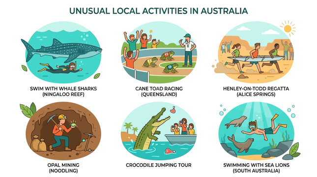 Unusual local activities in Australia include swimming with whale sharks and crocodiles