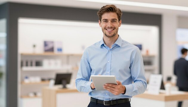 Smiling male sales associate in a modern electronics store holding a tablet, ready to assist customers among product displays and bright minimalist showroom lighting