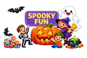 Fototapeta premium Halloween Spooky Night Pack playful spooky party scene with two kids and one witch character interacting with an oversized pumpkin lantern and giant ghost, bat