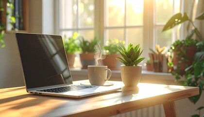 Fototapeta premium Serene Workspace with Laptop and Plants: A sunlit workspace combines technology and nature with a laptop, a warm mug, and vibrant plants, creating a calm and inviting atmosphere.