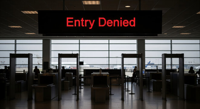 Entry denied sign illuminated at airport security checkpoint. Traveler blocked from international flight boarding. Prohibition, customs restriction and banned travel passage concept.