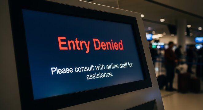 Entry denied message on airport kiosk screen. Warning text about restricted travel and security protocols at boarding gate. Automated system failure for passenger check in at terminal.
