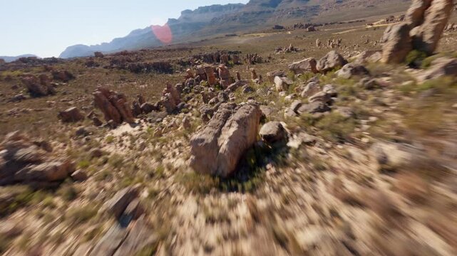 FPV Drone Cinematic Flight Over Red Sandstone Rock Formations in Cederberg Wilderness Area, Western Cape, South Africa