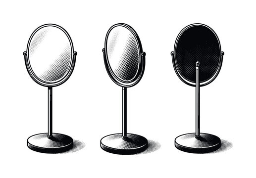 Mirror ? freestanding vanity mirror with rounded top slim support stem and compact reflective surface depicted as a single object. Black and white dot style
