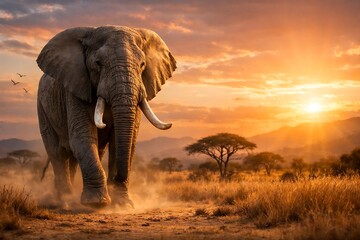 Fototapeta premium African elephant walking through golden savanna at sunset with dust clouds