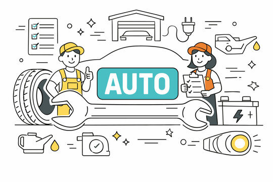 Car Automotive Outline Icons. Car and automotive service editorial banner with geometric characters beside an oversized car silhouette and large wrench across
