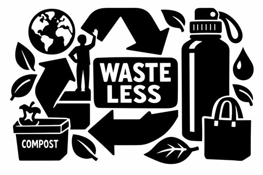 Zero Waste Sustainability. Clean solid/filled composition of a zero waste eco scene with one person, oversized recycling arrows and reusable bottle as dominant