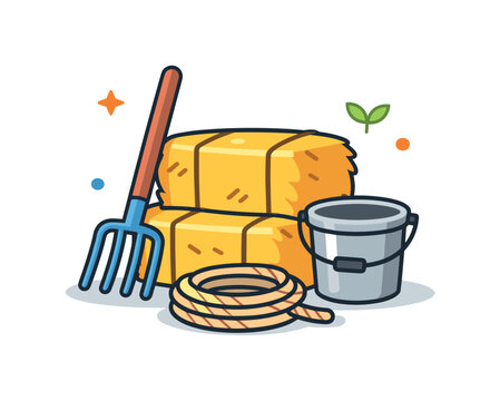 Agricultural storage concept representing organization and abundance, a tidy barn scene with evenly stacked hay blocks and minimal scattered tools forming a