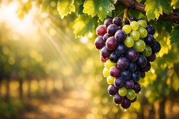 Fototapeta premium Sunlit purple and green grapes hanging on vine in morning vineyard with dew drops