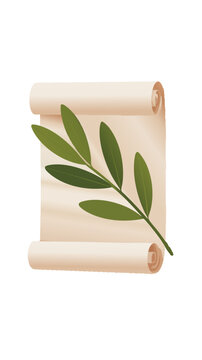 Elegant parchment scroll with olive branch botanical illustration, minimalist vintage vector design for invitations and branding