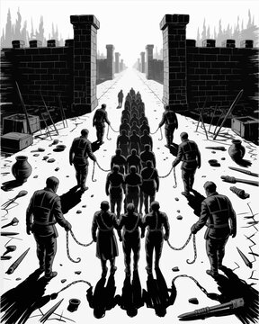 Dark monochrome illustration of prisoners led in chains through ancient city gate, oppression, captivity, exile, dystopian history scene