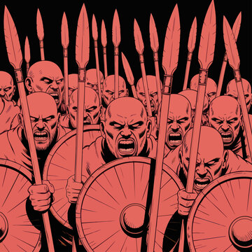 Fierce ancient warriors with spears and round shields in red and black vector illustration of battle formation
