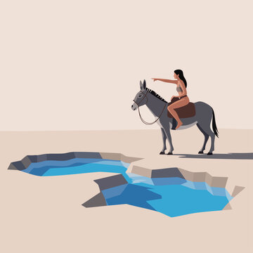 Minimal desert traveler woman riding donkey near oasis water, flat vector illustration of journey, direction and exploration