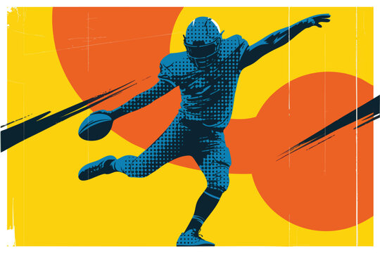 Dynamic American Football Quarterback Throwing Pass in Retro Pop Art Vector Illustration with Bold Yellow Orange Background