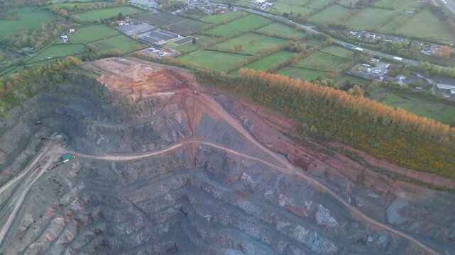 Aerial View of Old Cliffe hill Quary Mines hills and mountains During Sunrise Morning. Drone Camera Footage Was Captured on 26th April, 2024.