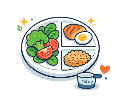 Portion control presents a simple plate divided into clear sections with healthy foods and a tiny measuring cue, communicating moderation, clarity, and smart