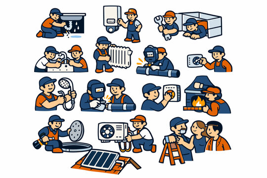 Workflow Operation System collection of flat vector icons including flowchart, gear, timeline arrow, app window, network node, hierarchy chart, roadmap card,