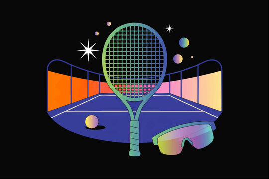 Neon Tennis Court Illustration with Racket Ball and Sport Sunglasses in Retro Futuristic Cosmic Style on Black Background