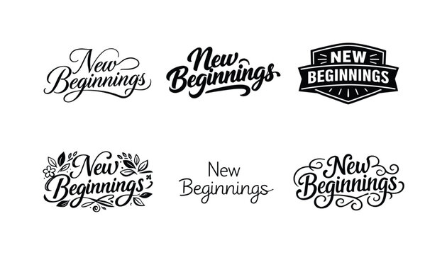New Beginnings. Set lettering. harmonious lettering variations of the same emblematic concept, each with different artistic interpretation (Elegant script with