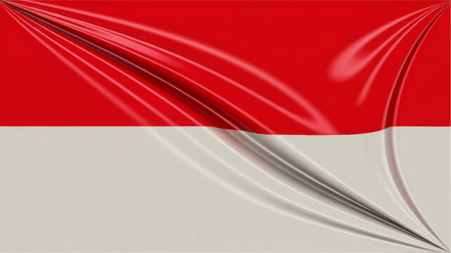 Waving national flag of Indonesia or Monaco featuring red and white horizontal bands on stretched glossy silk fabric