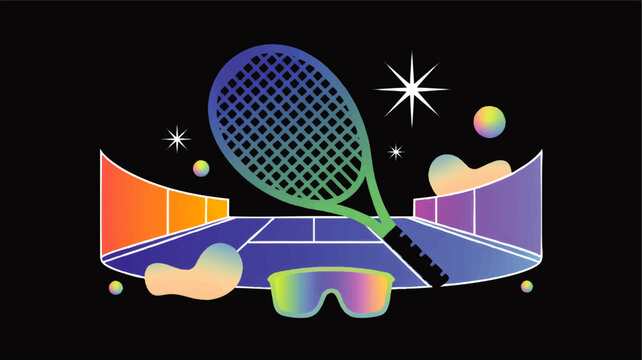 Colorful futuristic tennis court illustration with racket visor and neon gradient sports design on black background
