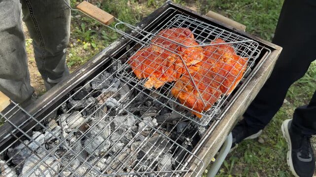 Marinated pargiyot chicken thighs grilling on a metal grate over hot charcoal ash on an outdoor mangal grill in nature
