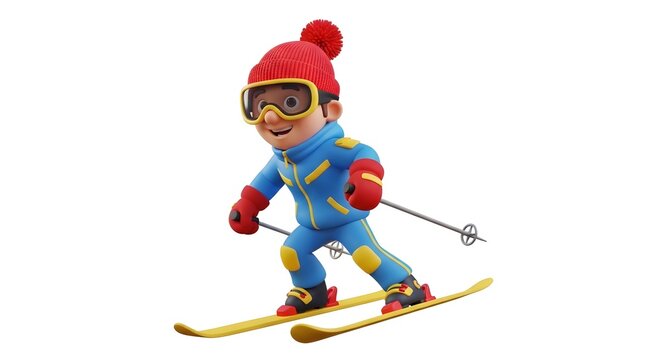 Cartoon boy skiing down a slope in a blue ski suit and red hat