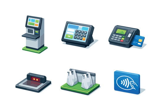 Self-checkout kiosk. Isometric flat vector icons set of self-checkout kiosk: freestanding payment kiosk, touchscreen payment interface, embedded card terminal,