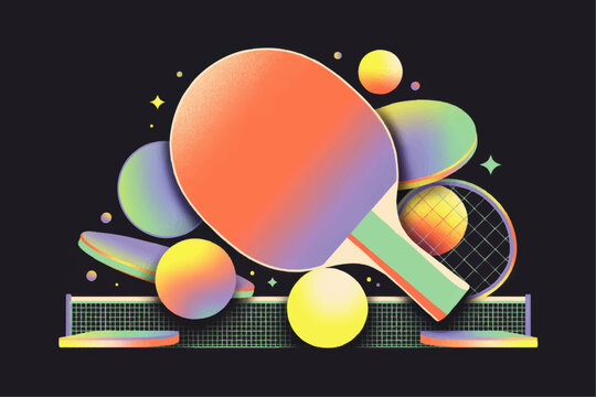 Colorful surreal table tennis illustration with paddles balls planets and stars on dark background, playful retro sports artwork