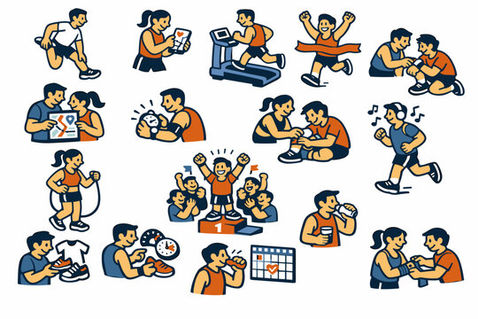 Running Sport Stories flat vector digital illustration, doodle flat, thick outline, expressive characters, simple shapes, playful proportions, exaggerated