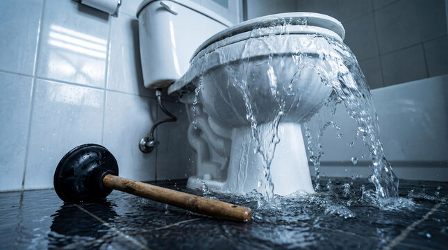 Toilet overflowing with water spilling on bathroom floor. Plumber service and maintenance concept. Domestic plumbing emergency caused by clog. Bathroom damage repair and pipe failure issue.