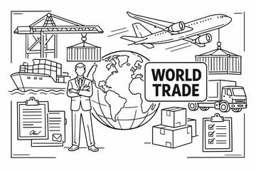 Fototapeta premium Global Trade Logistics. Clean outline line art banner of international trade with business professional beside oversized globe and cargo ship, shipping