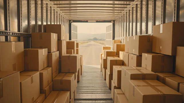 View inside a logistics delivery truck trailer filled with cardboard boxes for shipping and ecommerce transport