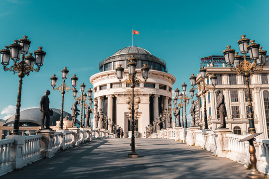 Skopje North Macedonia European city bridge and buildings