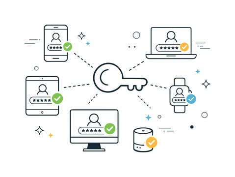 Future of login security. Multiple devices linked by a single key symbol, showing widespread passkey adoption and trust. Optimistic and forward-looking
