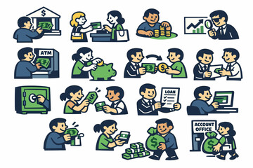 Fototapeta premium Dollar Finance Series flat vector digital illustration, doodle flat, thick outline, expressive characters, simple shapes, playful proportions, exaggerated
