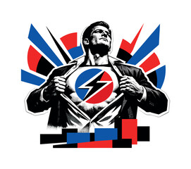 Fototapeta premium Black and white realistic figure pulling open a shirt dramatically to reveal a bold abstract emblem on the chest, strong directional lighting, cobalt blue and