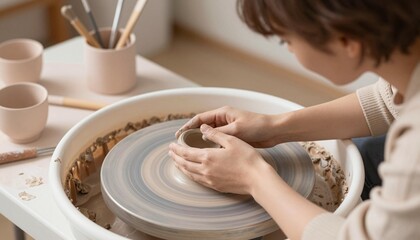 Fototapeta premium Hands shaping a small clay pot on a spinning pottery wheel in a neutral-toned studio with brushes and finished ceramics nearby