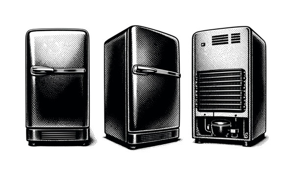 Refrigerator 1960s style ? mid-century refrigerator with boxy body softened by curved edges and horizontal chrome handle, represented in frontal view, angled