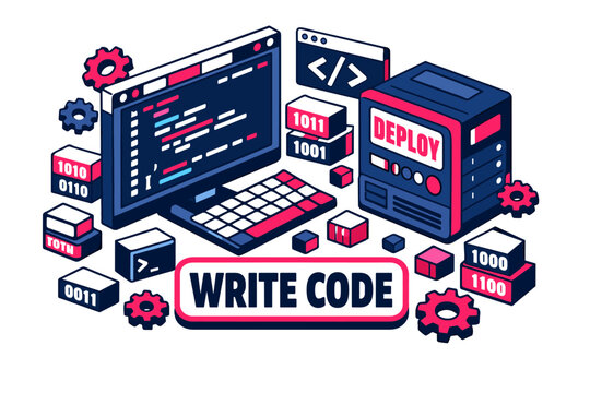 Programming Code Stack Programming Coding, clean focused isometric hero scene with one oversized code editor monitor and one large deploy server console, small
