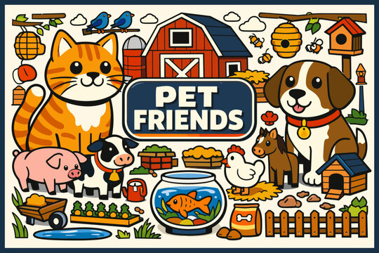 Domestic Animal Friends Domestic Animal Friends collection of isometric vector icons showing cat, dog, cow, horse, chicken, rabbit, fish bowl, turtle, bee