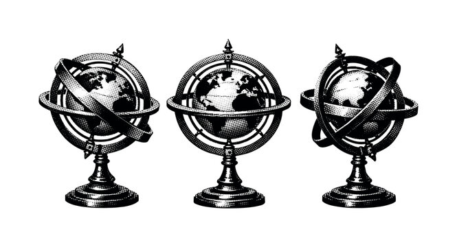 Globe ? armillary-style globe. An armillary-style globe with spherical core and surrounding rings presented as one isolated object displayed in three views to