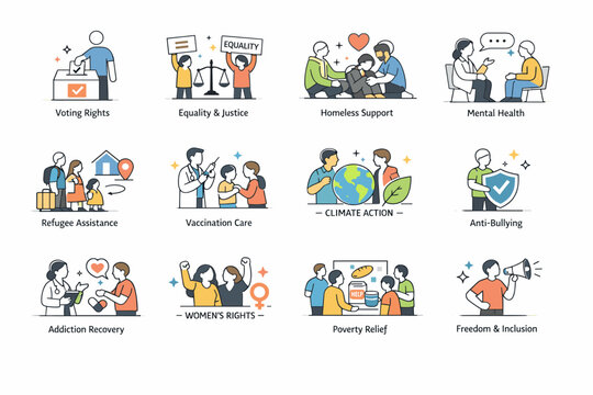 Waste Management Cycle. Clean outline banner scene of waste management and recycling: worker sorting trash at recycling station across full canvas, oversized