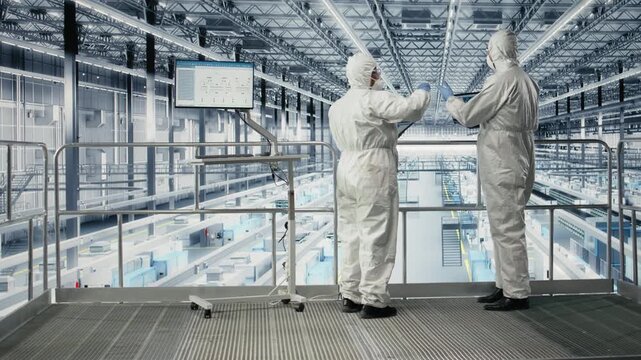 Engineering team evaluating advanced microchip silicon wafer prototype, analyzing electronic parts. Tech experts working together to develop semiconductor substrate hardware in smart factory, camera A