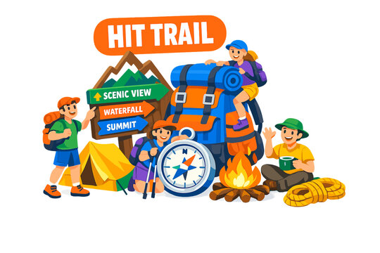 Hiking Trail Explorer Collection of flat vector icons showing backpack, mountain, trail sign, compass, tent, campfire, hiking boot, rope, flashlight, water