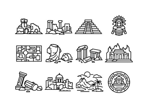 Lost Civilizations. Line icon set of Lost Civilizations: abandoned ancient city, forgotten ruins, lost pyramid outline, vanished culture symbol, ancient city