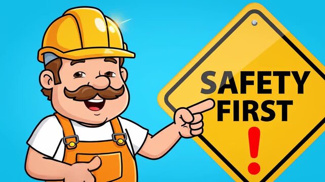 Friendly construction worker character pointing to a yellow safety first warning sign on a blue background for industrial safety training and workplace awareness videos.