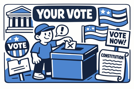 Democracy Voting Series flat vector digital illustration, doodle flat, thick outline, expressive characters, simple shapes, playful proportions, exaggerated