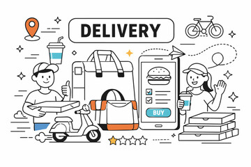 Naklejka premium Food Delivery Outline Icons. Food delivery and takeout editorial banner with geometric characters beside an oversized delivery bag and large smartphone order